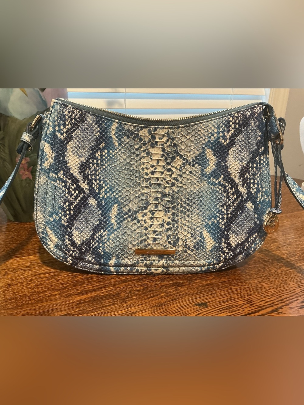 Brahmin Shayna Blue and Cream Snake-Embossed Leather crossbody
